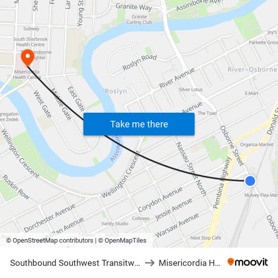 Southbound Southwest Transitway at Osborne Station to Misericordia Health Centre map