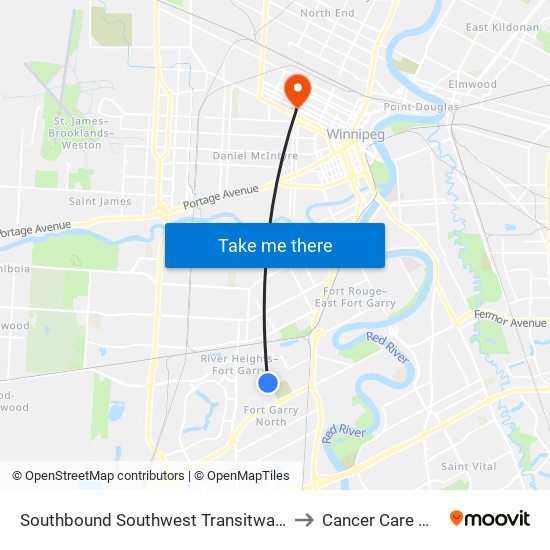 Southbound Southwest Transitway at Seel Station to Cancer Care Manitoba map