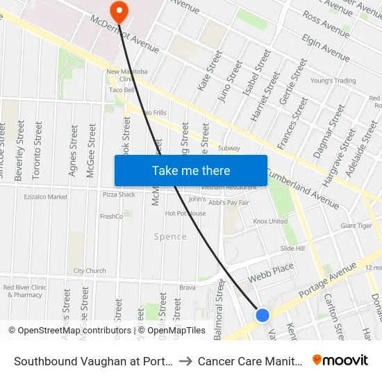 Southbound Vaughan at Portage to Cancer Care Manitoba map