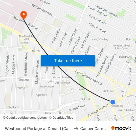 Westbound Portage at Donald (Canada Life Centre) to Cancer Care Manitoba map