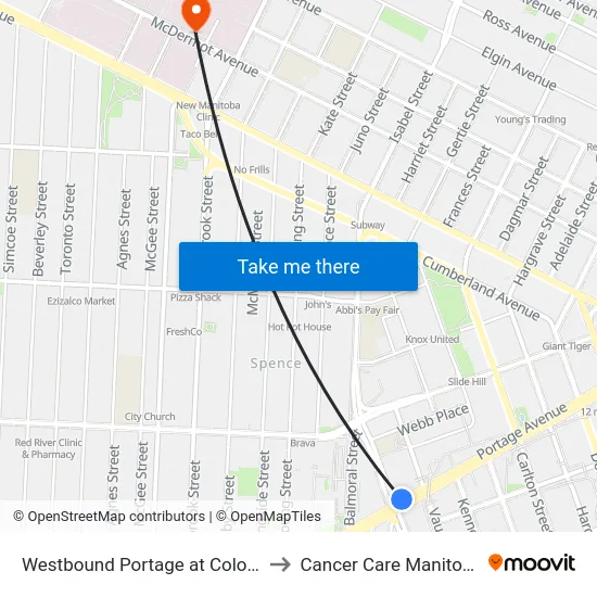 Westbound Portage at Colony to Cancer Care Manitoba map