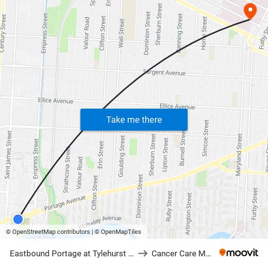 Eastbound Portage at Tylehurst (Polo Park) to Cancer Care Manitoba map