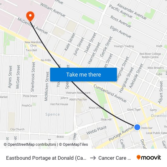 Eastbound Portage at Donald (Canada Life Centre) to Cancer Care Manitoba map