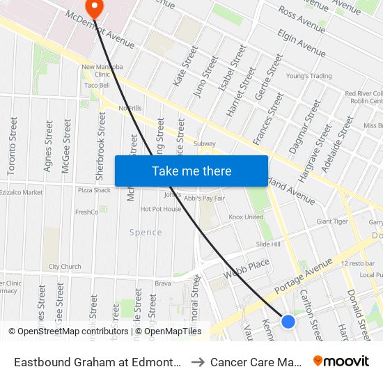 Eastbound Graham at Edmonton (Rwb) to Cancer Care Manitoba map