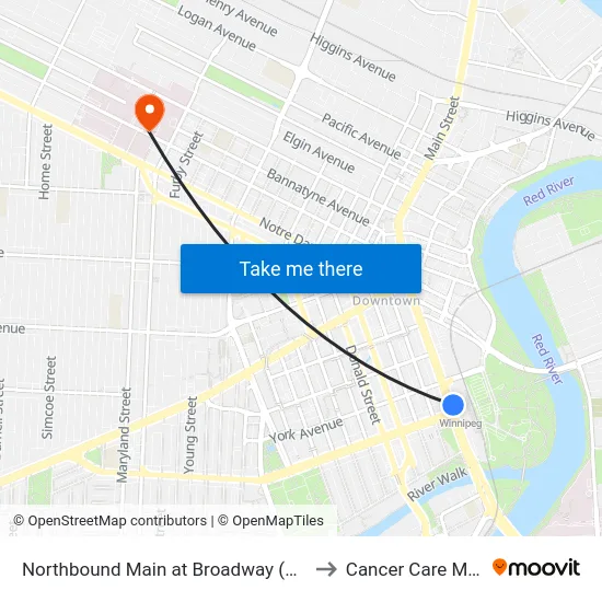 Northbound Main at Broadway (Union Station) to Cancer Care Manitoba map