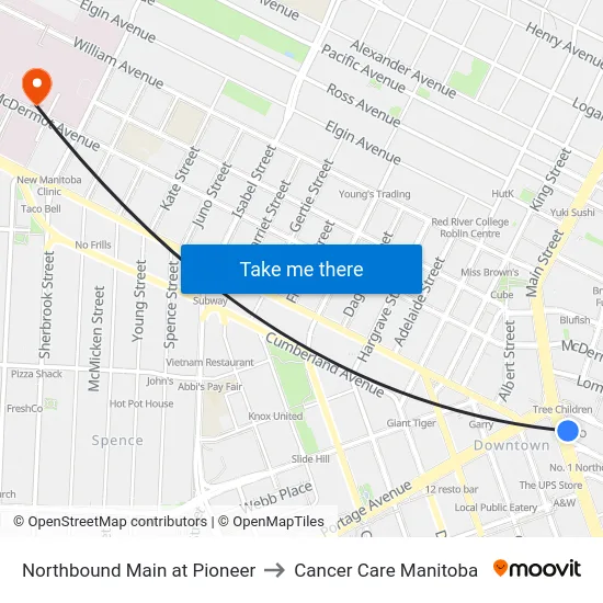 Northbound Main at Pioneer to Cancer Care Manitoba map