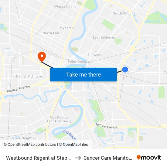 Westbound Regent at Stapon to Cancer Care Manitoba map