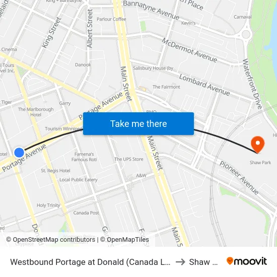 Westbound Portage at Donald (Canada Life Centre) to Shaw Park map