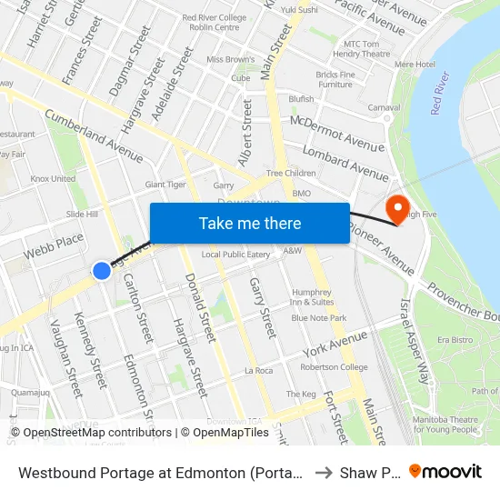 Westbound Portage at Edmonton (Portage Place) to Shaw Park map