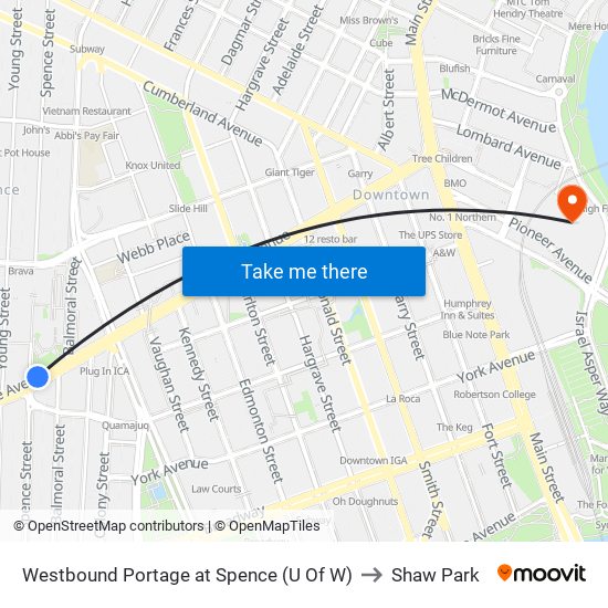 Westbound Portage at Spence (U Of W) to Shaw Park map