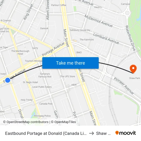 Eastbound Portage at Donald (Canada Life Centre) to Shaw Park map