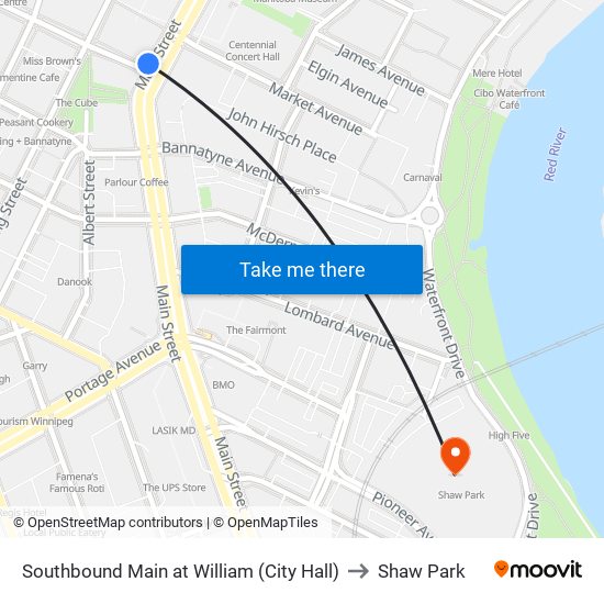 Southbound Main at William (City Hall) to Shaw Park map