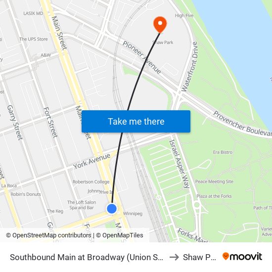 Southbound Main at Broadway (Union Station) to Shaw Park map