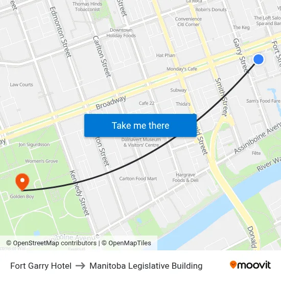 Fort Garry Hotel to Manitoba Legislative Building map