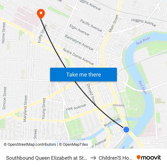 Southbound Queen Elizabeth at Stradbrook to Children’S Hospital map