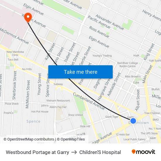 Westbound Portage at Garry to Children’S Hospital map