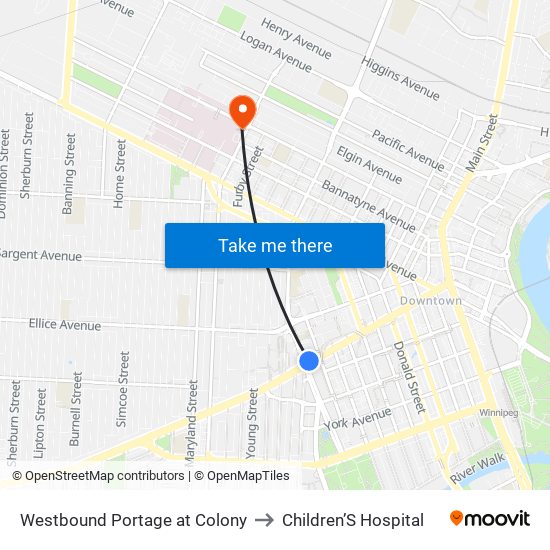 Westbound Portage at Colony to Children’S Hospital map