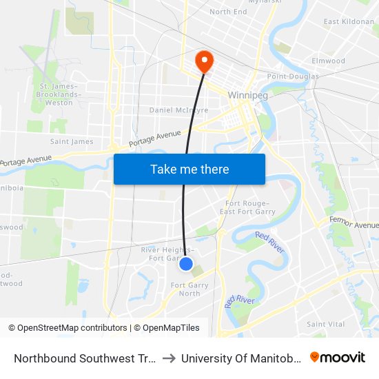 Northbound Southwest Transitway at Seel Station to University Of Manitoba Bannatyne Campus map