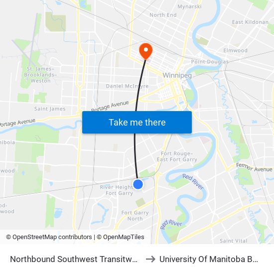 Northbound Southwest Transitway at Beaumont Station to University Of Manitoba Bannatyne Campus map