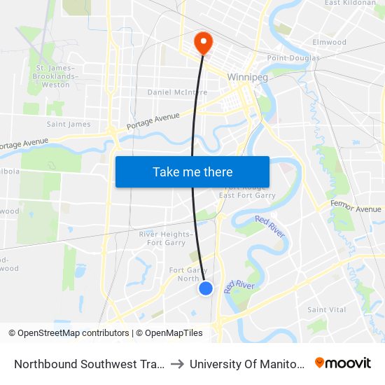 Northbound Southwest Transitway at Chevrier Station to University Of Manitoba Bannatyne Campus map