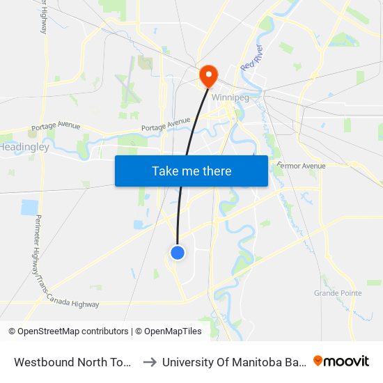 Westbound North Town at Hill Grove to University Of Manitoba Bannatyne Campus map