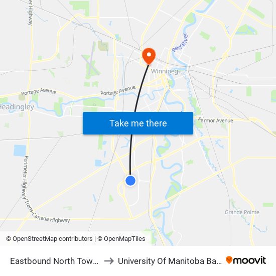 Eastbound North Town at Bridgeland to University Of Manitoba Bannatyne Campus map