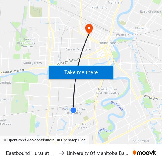 Eastbound Hurst at Waverley East to University Of Manitoba Bannatyne Campus map