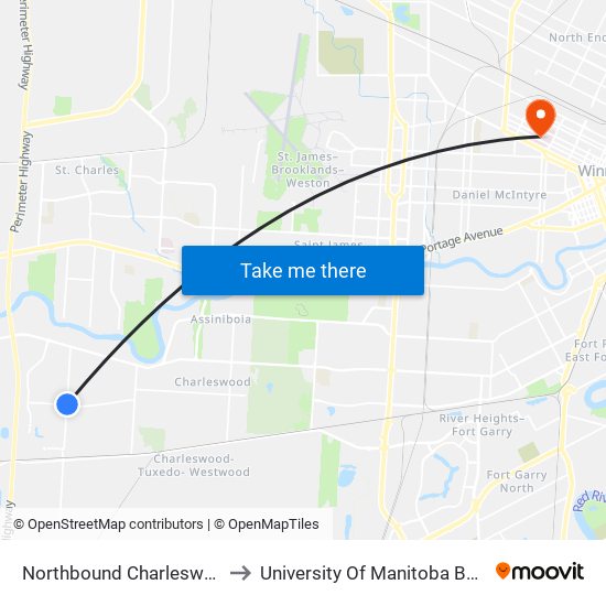 Northbound Charleswood at Rannock to University Of Manitoba Bannatyne Campus map