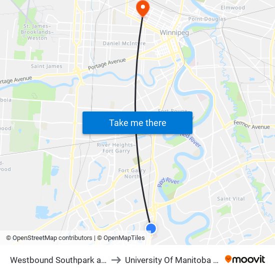 Westbound Southpark at Southpark Station to University Of Manitoba Bannatyne Campus map