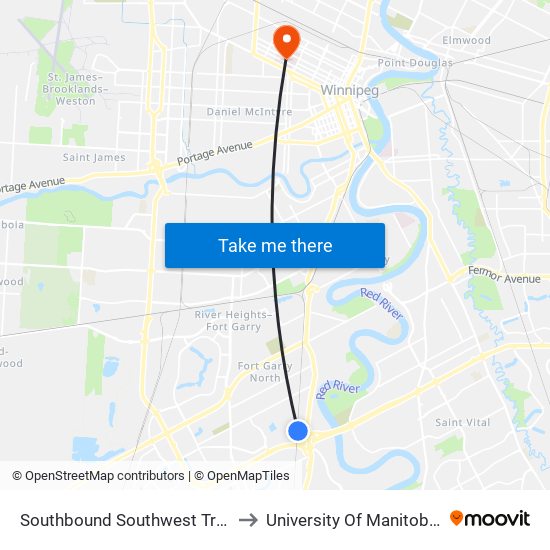 Southbound Southwest Transitway at Plaza Station to University Of Manitoba Bannatyne Campus map