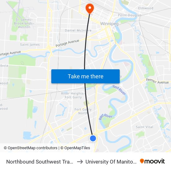 Northbound Southwest Transitway at Chancellor Station to University Of Manitoba Bannatyne Campus map