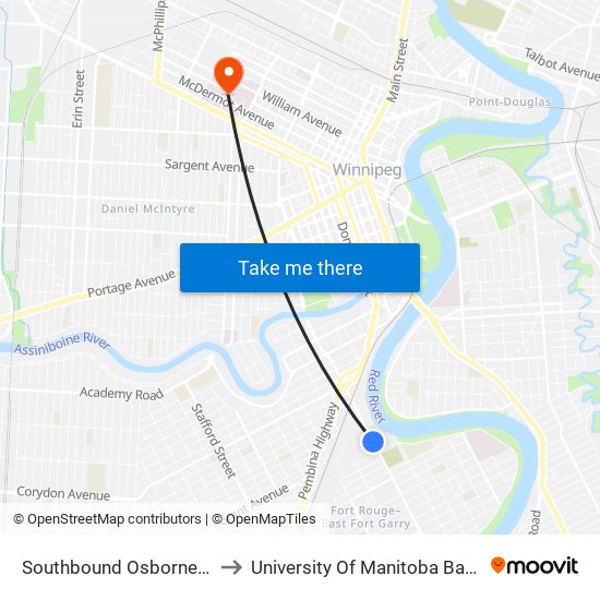 Southbound Osborne at Woodward to University Of Manitoba Bannatyne Campus map