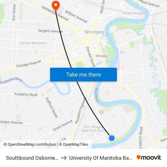 Southbound Osborne at Montague to University Of Manitoba Bannatyne Campus map