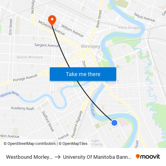 Westbound Morley at Mabel to University Of Manitoba Bannatyne Campus map