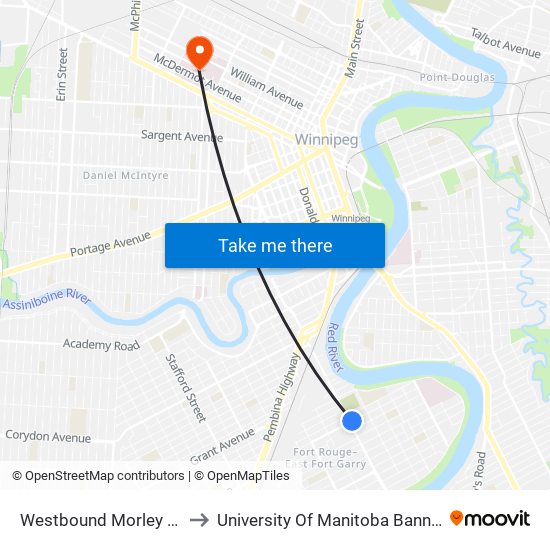 Westbound Morley at Osborne to University Of Manitoba Bannatyne Campus map