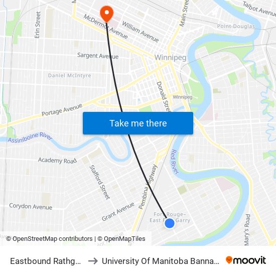 Eastbound Rathgar at Daly to University Of Manitoba Bannatyne Campus map