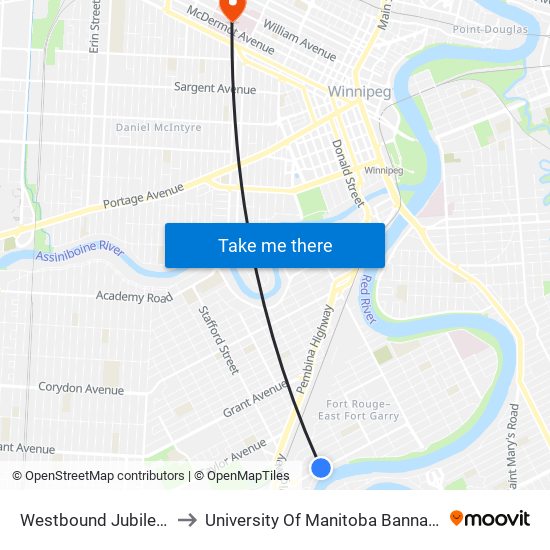 Westbound Jubilee at Lilac to University Of Manitoba Bannatyne Campus map