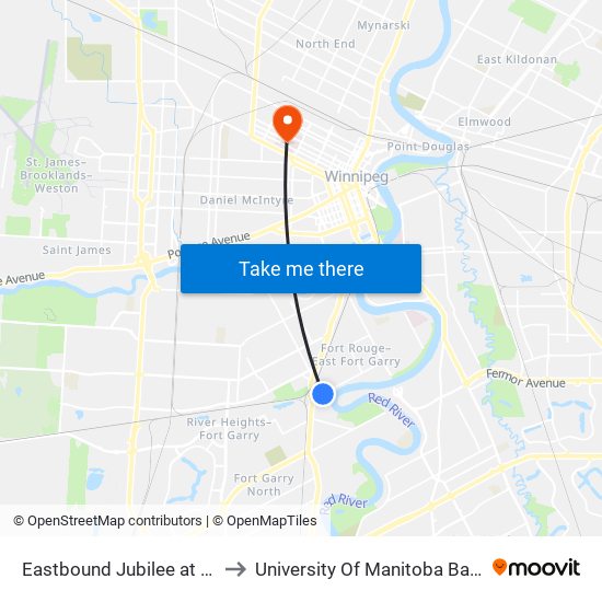 Eastbound Jubilee at Riverside West to University Of Manitoba Bannatyne Campus map