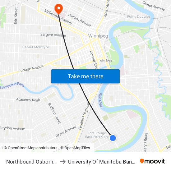 Northbound Osborne at Balfour to University Of Manitoba Bannatyne Campus map