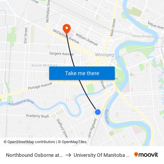 Northbound Osborne at Osborne Junction to University Of Manitoba Bannatyne Campus map