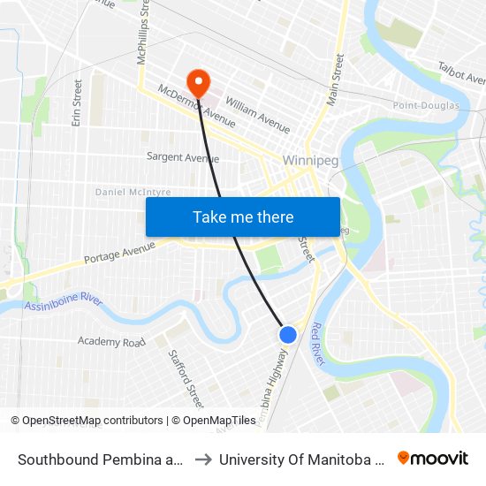 Southbound Pembina at Osborne Junction to University Of Manitoba Bannatyne Campus map