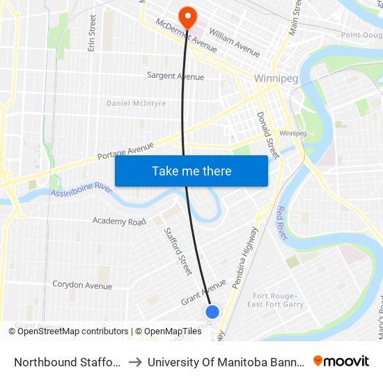 Northbound Stafford at Ebby to University Of Manitoba Bannatyne Campus map