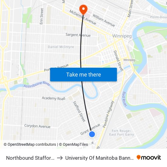 Northbound Stafford at Carter to University Of Manitoba Bannatyne Campus map