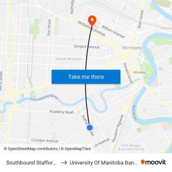 Southbound Stafford at Corydon to University Of Manitoba Bannatyne Campus map