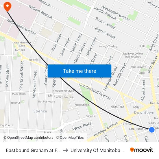 Eastbound Graham at Fort (Wpg Square) to University Of Manitoba Bannatyne Campus map