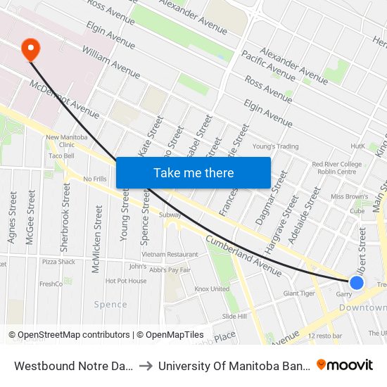 Westbound Notre Dame at Albert to University Of Manitoba Bannatyne Campus map