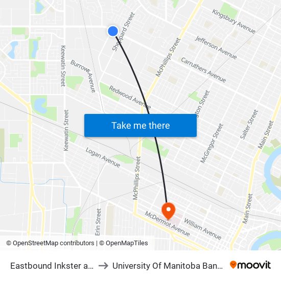 Eastbound Inkster at Hutchings to University Of Manitoba Bannatyne Campus map