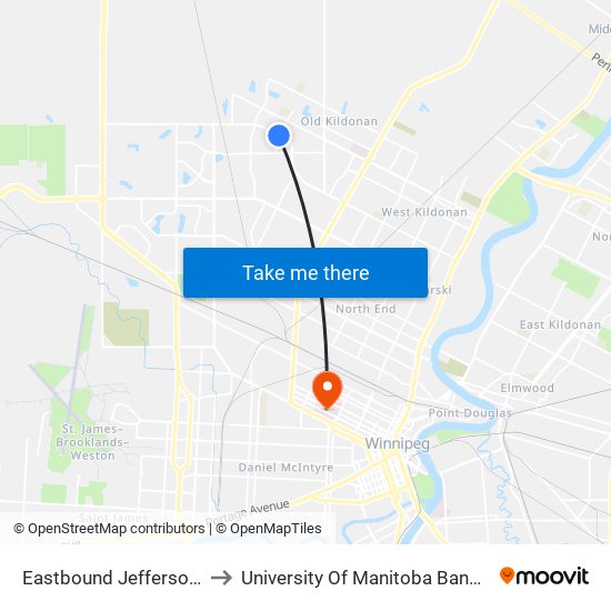 Eastbound Jefferson at Manila to University Of Manitoba Bannatyne Campus map