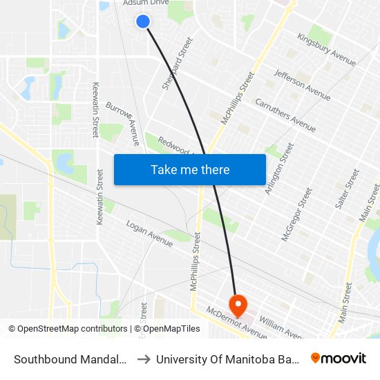 Southbound Mandalay at Margate to University Of Manitoba Bannatyne Campus map