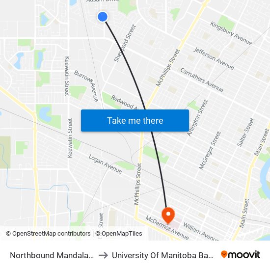 Northbound Mandalay at Abraham to University Of Manitoba Bannatyne Campus map